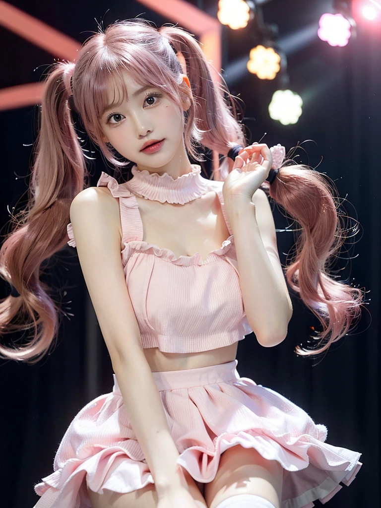 Shot with a top-of-the-line camera. highest quality, ultra-detailed, intricately detailed, high resolution, 8k, One woman. (very large breasts:1.3), A youthful look of about 15 years old. Slim and well-proportioned, (pink hair in twintails:1.3), fair skin. She is wearing a pink frilled mini-skirt dress. She is singing on the stage of a live venue, illuminated by the many lights of the live show.
