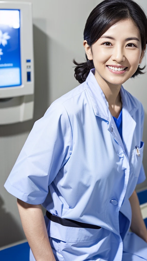 Dentist wearing white medical scrubs Japanese black hair 50s　Upper body close-up　smile　Photo shoot at the clinic　Highest quality　Highest quality