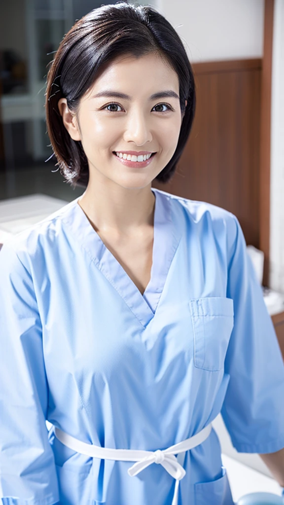 Dentist wearing white medical scrubs Japanese black hair 50s　Upper body close-up　smile　Photo shoot at the clinic　Highest quality　Highest quality