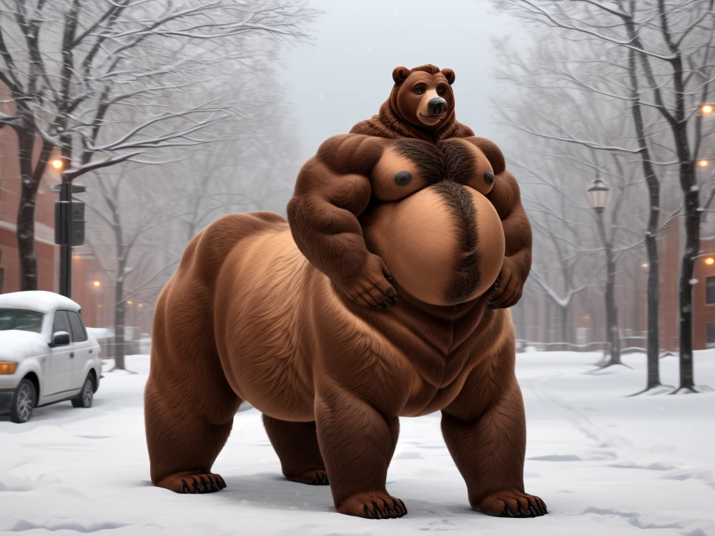 furry, fur taur, beartaur, middle-age, solo, detailed face, bear ears, bear eyes(brown), bear nose(black), bear mouth, garibaldi beard(white), mature hair(white), detailed arms, thick arms, muscular, thick hands(5 fingers), detailed body belly, thick body, muscle belly(white), thick chest, chest hair(black), detailed taur body, thick taur body, thick bear paws, thick bear tail, full body shot, winter, snow, standing on the street road