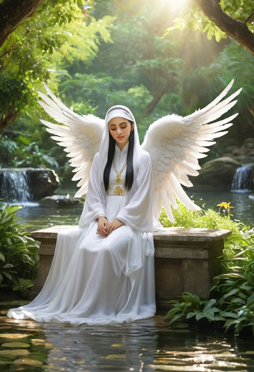 Imagine a serene and sacred scene where Rasulullah (SAW) and Angel Jibril (AS) are seated together in a peaceful setting. They are surrounded by an aura of divine light, symbolizing their spiritual connection. Rasulullah (SAW) is depicted with a gentle expression, deep in thought, while Angel Jibril (AS) exudes a sense of reverence and wisdom. The background should be a tranquil environment, perhaps a garden with blooming flowers or a softly flowing river, adding to the serene atmosphere. Use soft, ambient lighting to enhance the spiritual ambiance and convey a sense of tranquility. Epic details, hyper detail, 8k, ultra sharp, UHD.