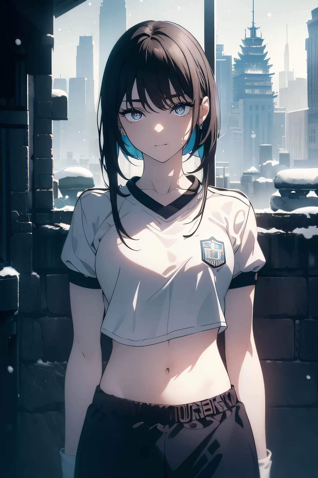 ((Obra maestra, La mejor calidad, ultrahigh resolution)), (((a girl in a gym uniform, blue Japanese ladies gym shortlack hair, dark black hair))), long hair cut, pale skin, ((brown eyes)), glowing_eyes, neon eyes, (ultra detailed eyes:0.7, beautiful and detailed face, detailed eyes:0.9), ((centered)), ((cute smile, pretty)), facing viewer, eye level, ((vibrant background, snowy landscape, cityscape, snowing)), flat chested, looking at viewer, ((half closed eyes)), ((perfect hands)), (((head:1, arms, hips, elbows, in view))), ((hands behind back)), empty eyes, beautiful lighting, outside, outdoors, background, defined subject, 18 years old, (head tilt), sexy pose