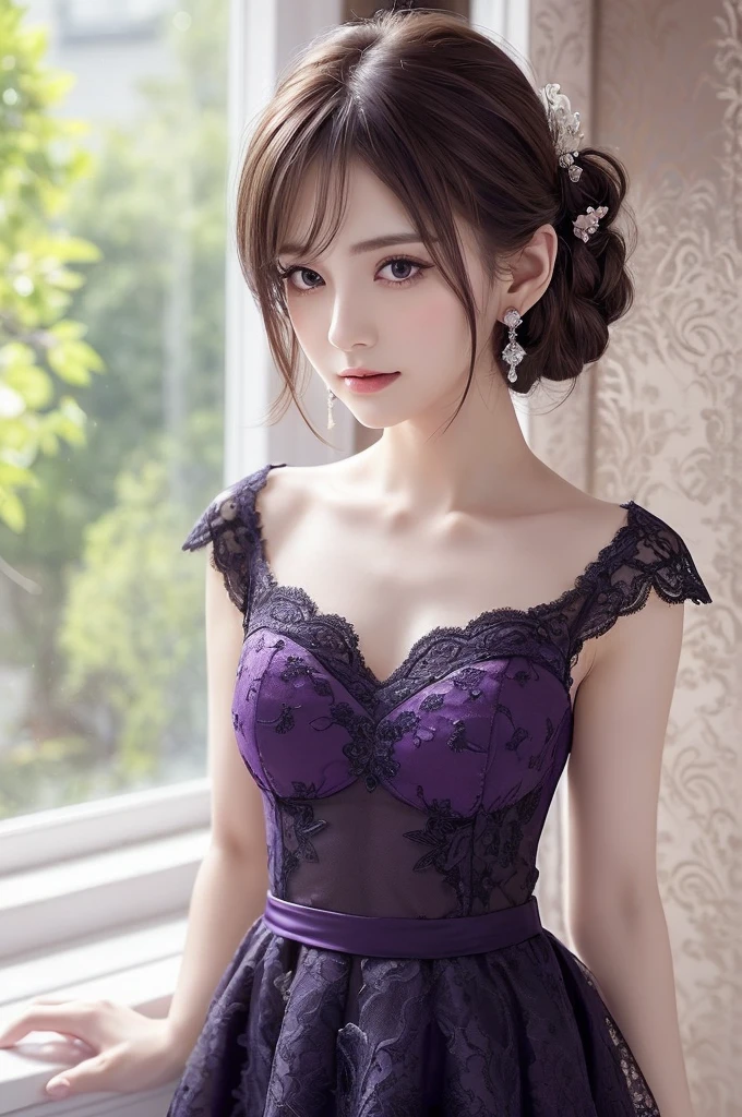 Dark Purple Lace Good, (((Very elegant and beautiful, Perfect detail, Very detailed))), whole body, The most detailed girl, Written boundary depth, 美しく詳細なwhole body, Thin legs, 1 Girl, 30 years old, Very short hair, Spiked Hair, Gray and silver hair, Beautiful detailed hair, Perfect Face, Expressionless, Beautiful, detailed, deep eyes, Please open your mouth a little, Delicate arms and hands, Pale skin, Earrings, Beautiful and gorgeous necklace, Colorful background, HD background, Blurred Background, Very delicate and beautiful, masterpiece, (((Highest quality, Very beautiful 8K CG wallpaper))), (((Trendy hairstyles))), (Inside the room,Stylish interior,window),