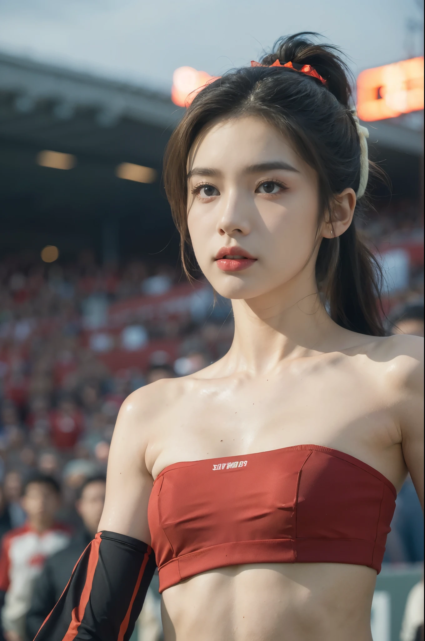 (((best quality))),(((ultra detailed))),(((masterpiece))),illustration,((1 beautiful girl,female footballer,solo)),((small breasts,flat chest)),((slim,thin)),summer night,stadium,crowded stands,enthusiastic spectators,football match,(short ponytail:1.2),((strapless red bra)),(football:1.3),fluid movements,powerful,sweat,forehead,exhaustion,passion for football,purposeful running,electric atmosphere,crowd roar,critical juncture,pressure,undeterred,floodlights,luminous glow,long shadows,drama,breathtaking sight,raw passion,unbridled energy,determination,skill,embodiment of sport's spirit,strength,resilience of human spirit,(standing:1.3),((from front,close-up of face))