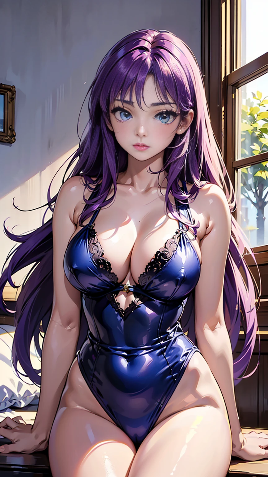 Saori Kido (( beautiful, Kido_saori,Saori Kido, 21s,purple((long hair)),blue eyes, big breasts, voluptuous, defined body, adultyoung female, proportionate body)) in blue lingerie