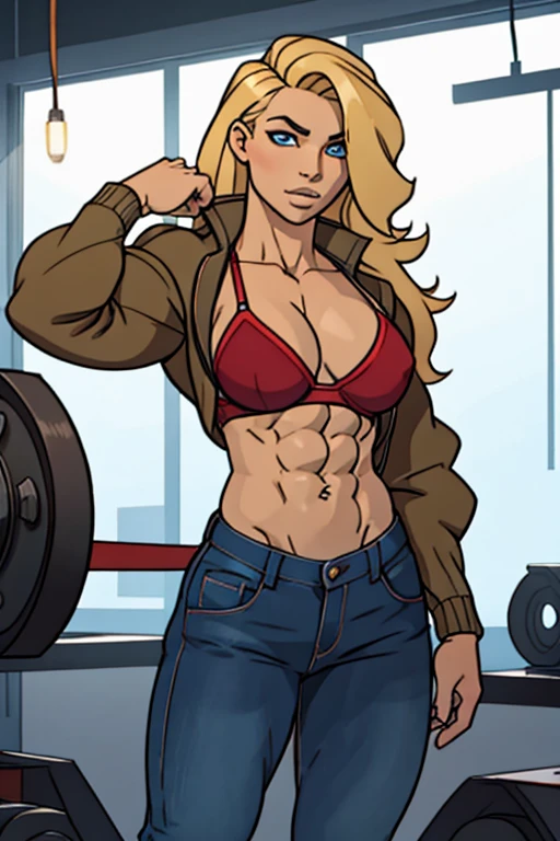 beautiful 20 yo woman, long blonde curly hair, attractive, micro bra, short fur jacket, free midriff, jeans pants, sixpack abs, strong well defined muscle, lean powerful bodybuilder physique, perfect and flawless musculature, great muscle definition, perfect six-pack abs