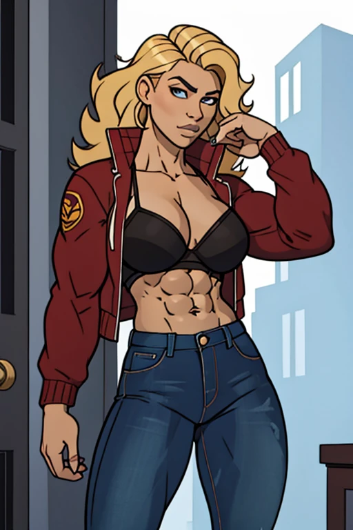 beautiful 20 yo woman, long blonde curly hair, attractive, micro bra, short fur jacket, free midriff, jeans pants, sixpack abs, strong well defined muscle, lean powerful bodybuilder physique, perfect and flawless musculature, great muscle definition, perfect six-pack abs