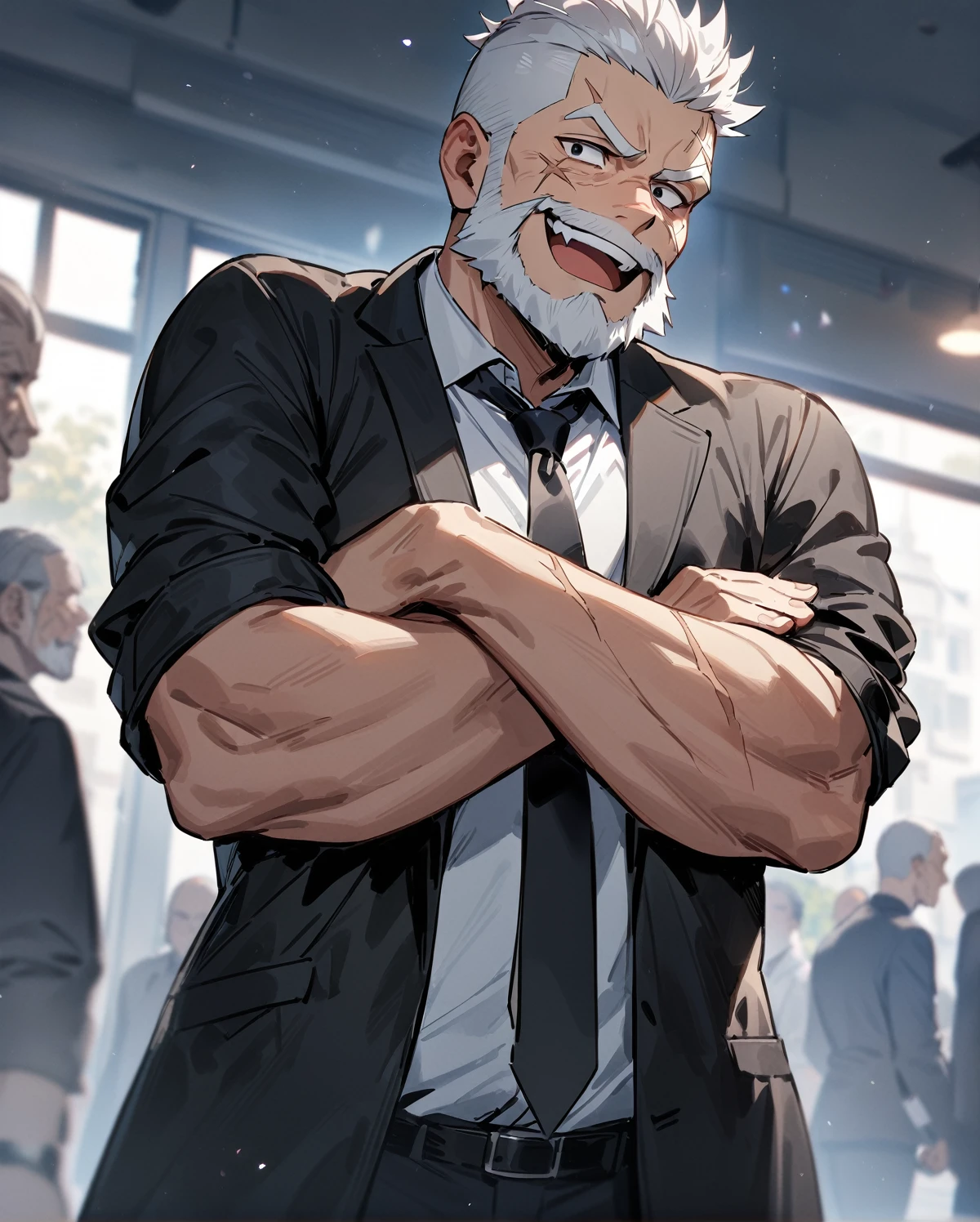 masterpiece, best quality, very aesthetic, absurdres, 1man, old man, solo, silver hair, very short hair, spiky hair, crew cut, black eyes, beared, white beared, black jacket, white shirt, collared shirt, black necktie, smile, open mouth, upper teeth, brawny, cross arms, scar, face scar, looking at viewer, cowboy shot