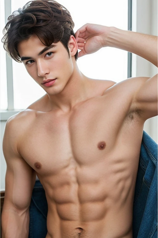 english american spanish greek male model, blue eyes, brunette hair, korean style hair, v shaped, charming face, face look like japanese guy, white skin, he has so cute face. Muscle, perfect man