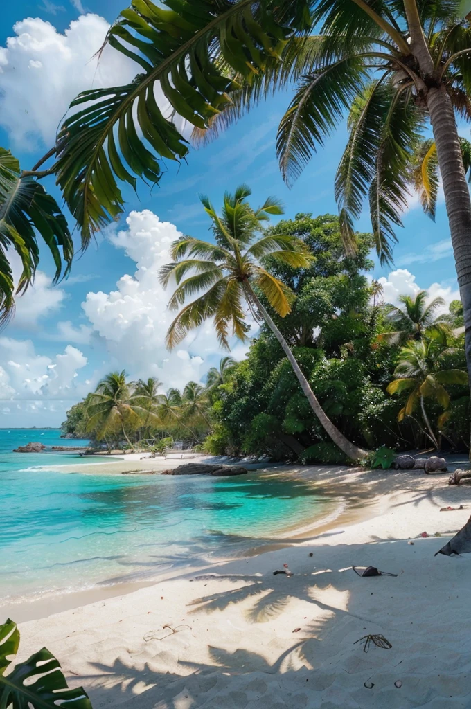 stunning tropical island, coconut palm trees, crystal clear turquoise waters, white sandy beaches, lush green foliage, vibrant colors, warm golden sunlight, cinematic dramatic lighting, hyper-realistic, 8k, (best quality,4k,8k,highres,masterpiece:1.2),ultra-detailed,(realistic,photorealistic,photo-realistic:1.37),landscape,cinematic,dramatic lighting