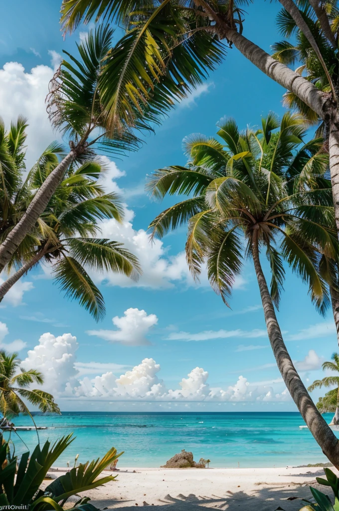 stunning tropical island, coconut palm trees, crystal clear turquoise waters, white sandy beaches, lush green foliage, vibrant colors, warm golden sunlight, cinematic dramatic lighting, hyper-realistic, 8k, (best quality,4k,8k,highres,masterpiece:1.2),ultra-detailed,(realistic,photorealistic,photo-realistic:1.37),landscape,cinematic,dramatic lighting