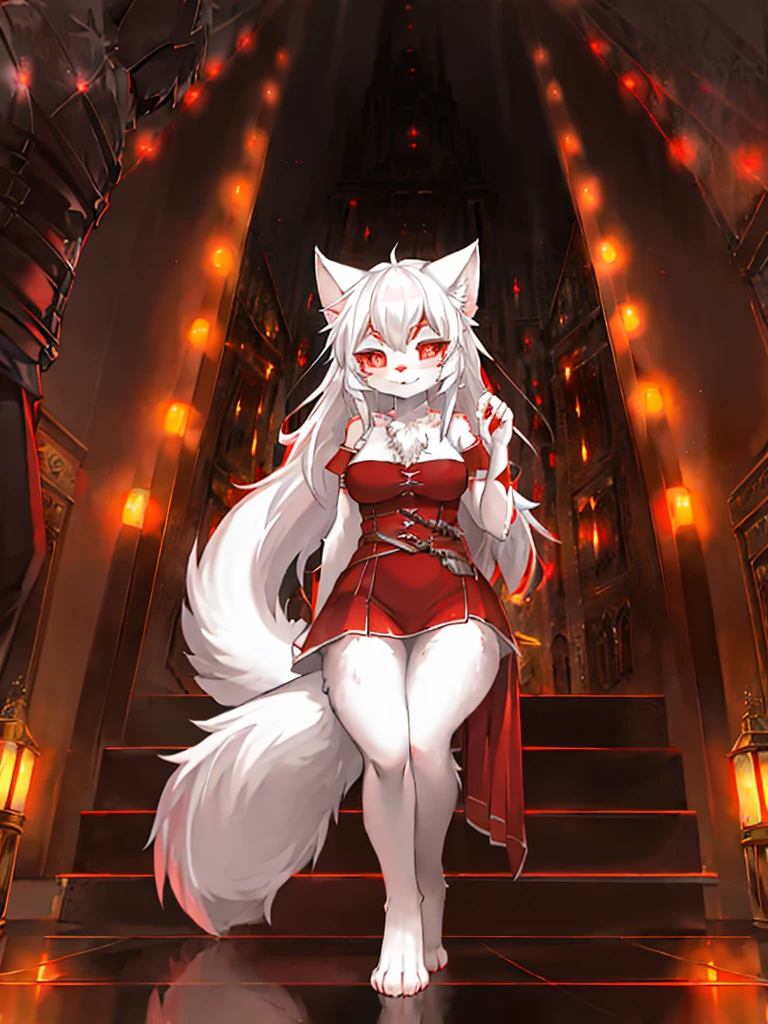 furry,sclera,red iris,White Wolf,female,cute,Lights and reflections, , Architecture of medieval Europe, Glazed tiles,Hell version of the background