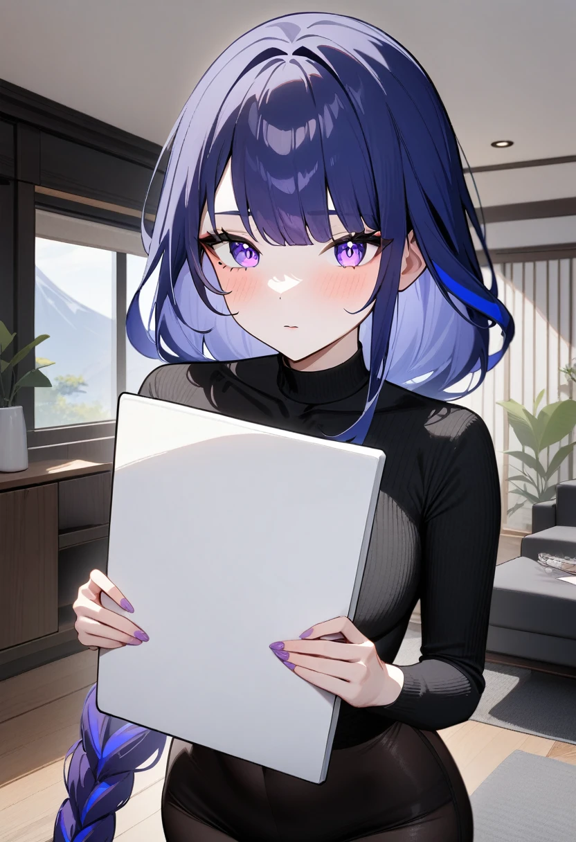 1girl, raiden shogun, genshin impact, Holding a large white board with both hands, he shows it to the viewer,living room,masterpiece,very aesthetic,newest,