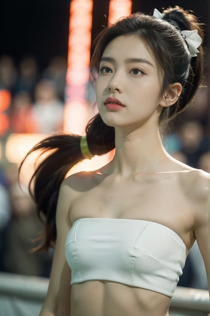 (((best quality))),(((ultra detailed))),(((masterpiece))),illustration,((1 beautiful girl,female footballer,solo)),((small breasts,flat chest)),((slim,thin)),summer night,stadium,crowded stands,enthusiastic spectators,football match,(short ponytail:1.2),((strapless white bra)),(football:1.3),fluid movements,powerful,sweat,forehead,exhaustion,passion for football,purposeful running,electric atmosphere,crowd roar,critical juncture,pressure,undeterred,floodlights,luminous glow,long shadows,drama,breathtaking sight,raw passion,unbridled energy,determination,skill,embodiment of sport's spirit,strength,resilience of human spirit,(standing:1.3),((from front,close-up of face))