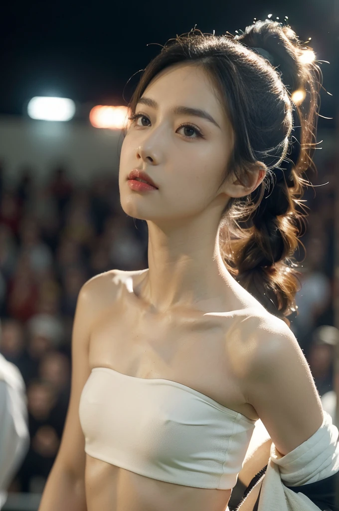 (((best quality))),(((ultra detailed))),(((masterpiece))),illustration,((1 beautiful girl,female footballer,solo)),((small breasts,flat chest)),((slim,thin)),summer night,stadium,crowded stands,enthusiastic spectators,football match,(short ponytail:1.2),((strapless white bra)),(football:1.3),fluid movements,powerful,sweat,forehead,exhaustion,passion for football,purposeful running,electric atmosphere,crowd roar,critical juncture,pressure,undeterred,floodlights,luminous glow,long shadows,drama,breathtaking sight,raw passion,unbridled energy,determination,skill,embodiment of sport's spirit,strength,resilience of human spirit,(standing:1.3),((from front,close-up of face))