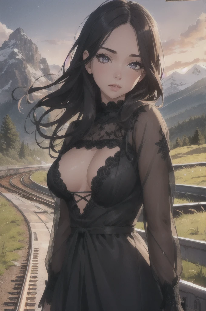 1girl, beautiful detailed eyes, beautiful detailed lips, extremely detailed face, long eyelashes, night, close up, upper body, 8k, raw photo, best quality, masterpiece, realistic, photo-realistic, large breasts, train tracks behind, mountains, high grass, lank and sloopy