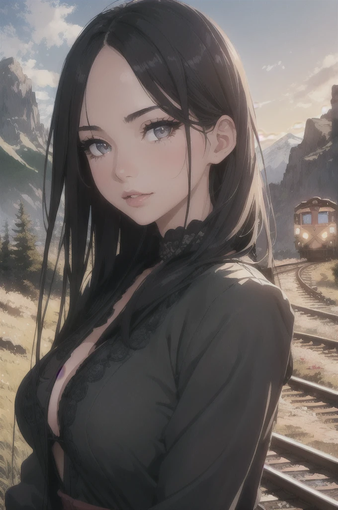 1girl, beautiful detailed eyes, beautiful detailed lips, extremely detailed face, long eyelashes, night, close up, upper body, 8k, raw photo, best quality, masterpiece, realistic, photo-realistic, large breasts, train tracks behind, mountains, high grass, lank and sloopy