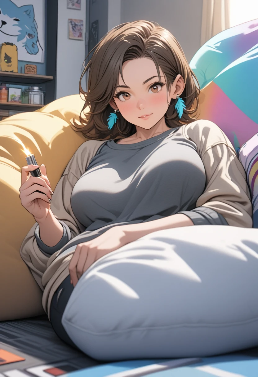 Adult female, mature, very short shaggy brown hair, wolf cut style hair, brown beanie, brown eyes, baggy hipster clothes, tanktop, colorful hipster room, chill demeanor, nonchalant, neutral expression, one blue feather earring, leaning back on bean bag, holding lighter, fully clothed, highly detailed, specific detail, perfect detail, perfect eyes, perfect hands