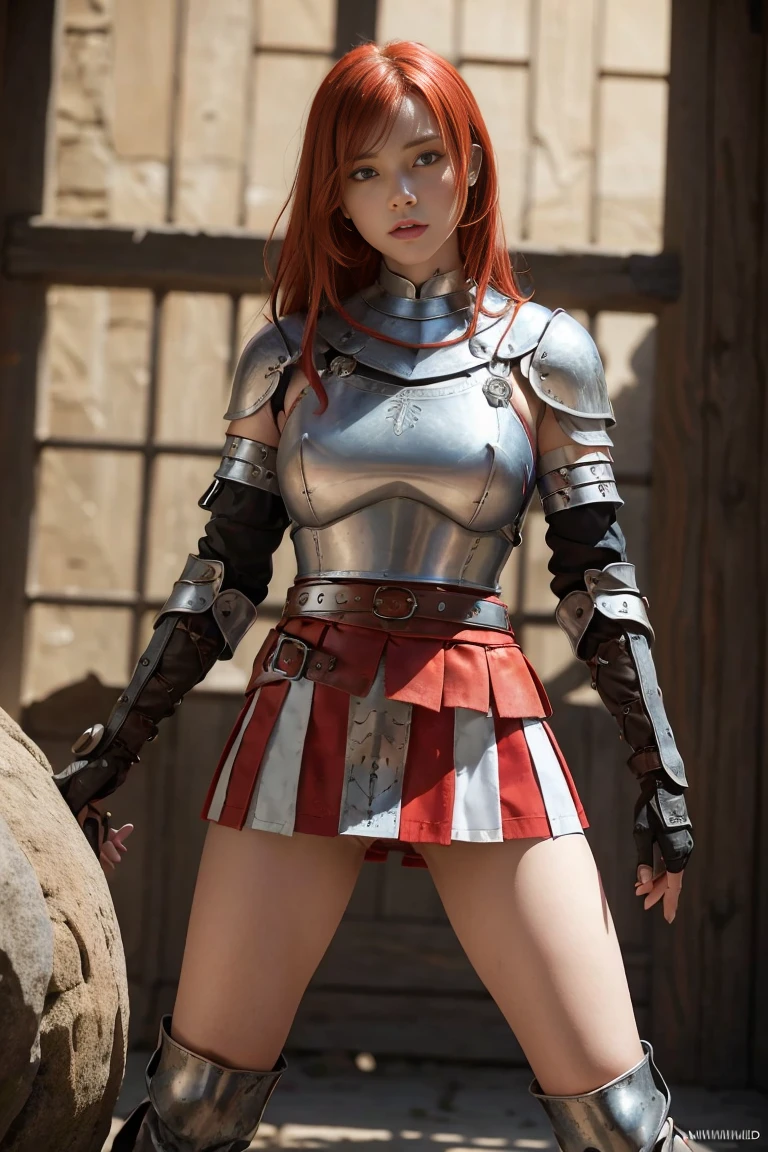 redhead warrior girl, , pretty face, thin girl, Pretty girl, skinny girl, She wears plate armor., medieval armor, steel breastplate, Steel Gauntlets, steel gloves, (red miniskirt: 1.5), (session, opens her legs: 1.1), (her panties are visible: 1.2), You can see her panties, underwear, pantimedias, upskirt, (camel toe: 1.3), (white panties), panties popping, medieval fantasy, dungeons and Dragons, role-playing character, Best Quality, (Masterpiece), 8k