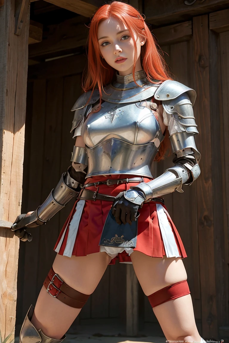 redhead warrior girl, , pretty face, thin girl, Pretty girl, skinny girl, She wears plate armor., medieval armor, steel breastplate, Steel Gauntlets, steel gloves, (red miniskirt: 1.5), (session, opens her legs: 1.1), (her panties are visible: 1.2), You can see her panties, underwear, pantimedias, upskirt, (camel toe: 1.3), (white panties), panties popping, medieval fantasy, dungeons and Dragons, role-playing character, Best Quality, (Masterpiece), 8k