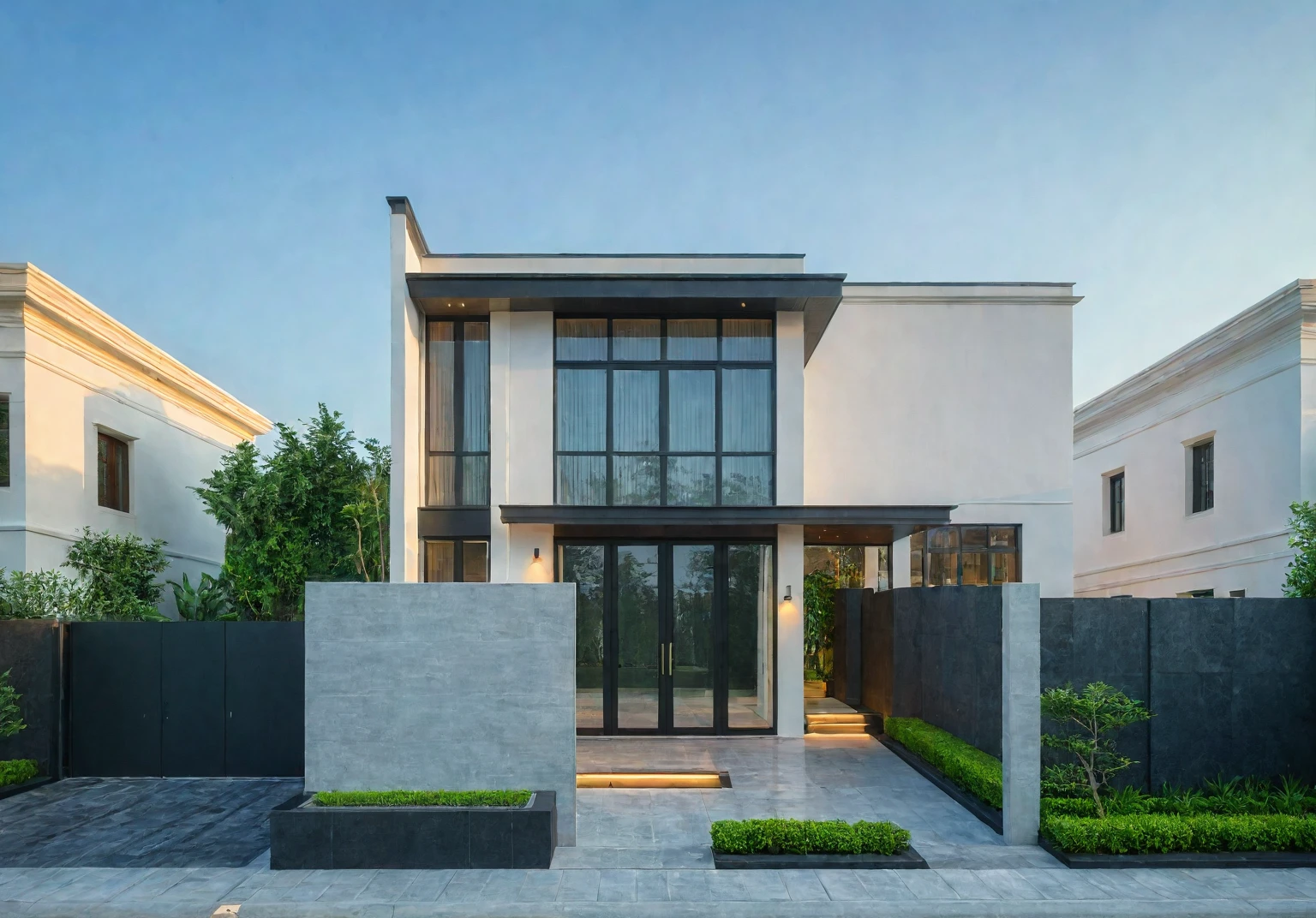 modern villa on street, (daylight), tropical tree, green shrub and plants, vivid color, streetcapes, minimalist design, brigth grey tone, (large glass door:1.2), warm interior lighting, modern material, best quality, ultra realistic, masterpiece, 
