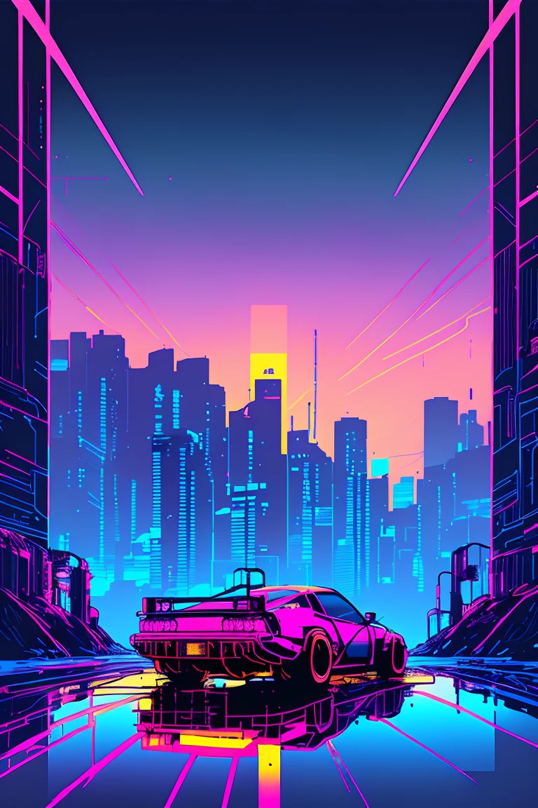 (nvinkpunk:1.2) (synthwve style:0.8) GTR , lightwave, sunset, intricate, highly detailed