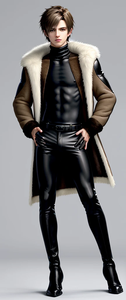 Final fantasy taste and reality graphics, Japanese young cute and cool ikemen boy, his age is early 20s, thin eyebrows and beady eyes, he wearing light brown color very thick shearling jacket, jacket is no leather and waist length, fur color is white, jacket is long sleeve,
also wearing black very thick turtleneck lackluster shirts, tight black leather pants, shiny black leather tight and must put on a thin leather glove both hands, black leather knee-high raceup boots,must views head-to-toe,must views whole body, boy looks like fashion model,Do not show skin from the neck down,leather jacket leather glove and leather pants have few wrinkles,boy in the room,,Avoid showing your innerwear,