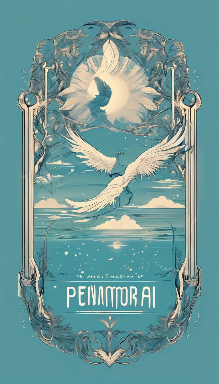 Create a professional, fantastic, cinematic dream-like Youtube Banner for a brand about music, stories, fantasy and dreams called " Penamemoria". Masterpiece, 4k, sharp focus, highest quality,wide shot. The title is " Penamemoria". Is a brand about the creative, unique journey of a boy into becoming a musician storyteller. In his journey he finds inspiration in a world of birds and feathers. Minimalistic, simple, poetic, dreamy logotype at the center of the image. The Background image is a world full of fantastic feathers, unique birds, light blue sky, soft white and light golden. Logo design of a feather of memories.