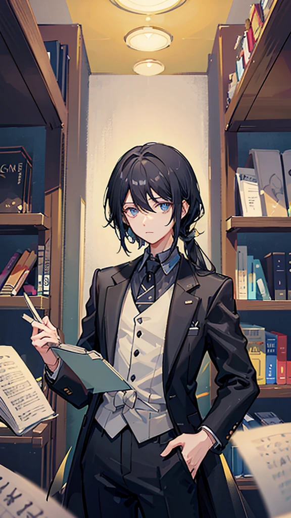 A man around 25 years old、Her waist-length black hair is tied back、Wearing a black suit、Eye color is a calm blue、The background is a room with many books、I&#39;m cooking