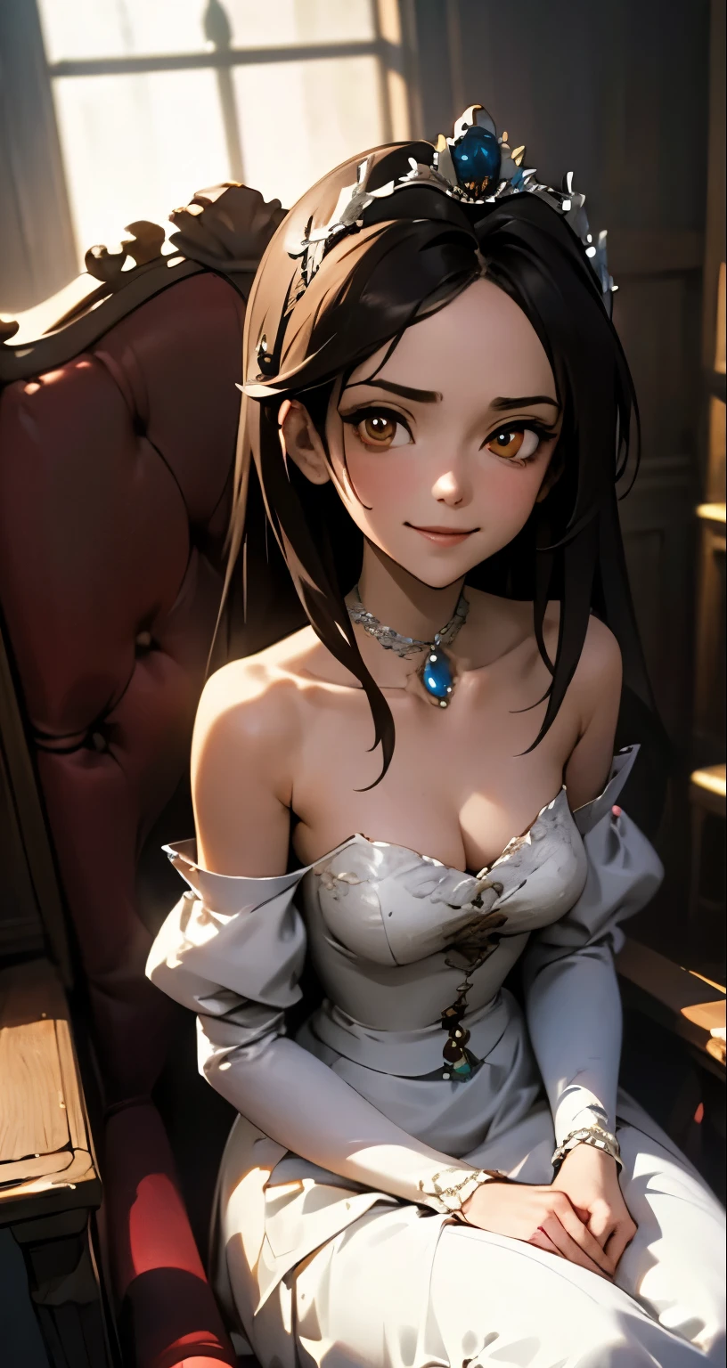 { 4k wallpaper : illustration : beautiful detailed eyes : extremely detailed face : perfect lighting : extremely detailed CG }  { horror gloomy atmosphere} { dark horror theme } { in a dark dirty nerd room } { possessed Garnet Til Alexandros : elegant long dark hair   : yellow glowing eyes: perfectly  shape breast : perfectly smooth fit body : princess dress : evil grin  : looking at viewer  } {: sitting on her throne }