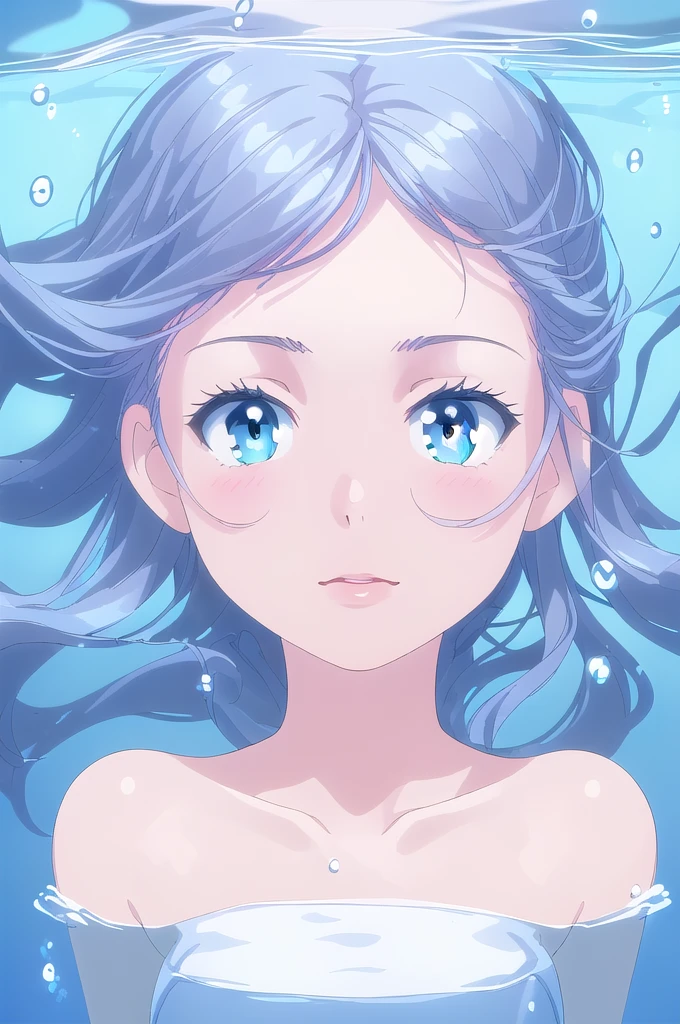 masterpiece, photo realistic, face portrait of 1girl, swimming underwater, white top, bare shoulders, beautiful girl face, natural detailed hair movement underwater, air bubbles, vibrant, realistic, dramatic, sharp focus, 8k
