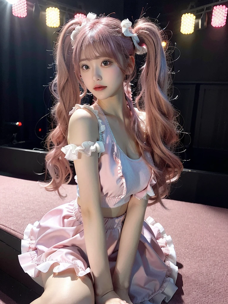 Shot with a top-of-the-line camera. highest quality, ultra-detailed, intricately detailed, high resolution, 8k, One woman. (very large breasts:1.3), A youthful look of about 15 years old. Slim and well-proportioned, (pink hair in twintails:1.3), fair skin. She is wearing a pink frilled mini-skirt dress. She is singing on the stage of a live venue, illuminated by the many lights of the live show.