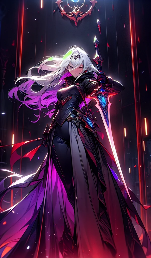 master part,best quality, Isaac Newton, 1homem, fancy, Mage with grimoire,(magie:1.2), (white hair), Longe hair, long hair, Wearing a tunic with the colors black and purple, wielding a sword, hard disk