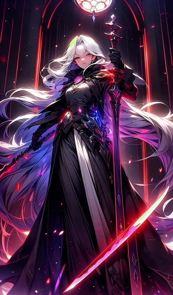 master part,best quality, Isaac Newton, 1homem, fancy, Mage with grimoire,(magie:1.2), (white  hair), Longe hair, long  hair, Wearing a tunic with the colors black and purple, wielding a sword, hard disk