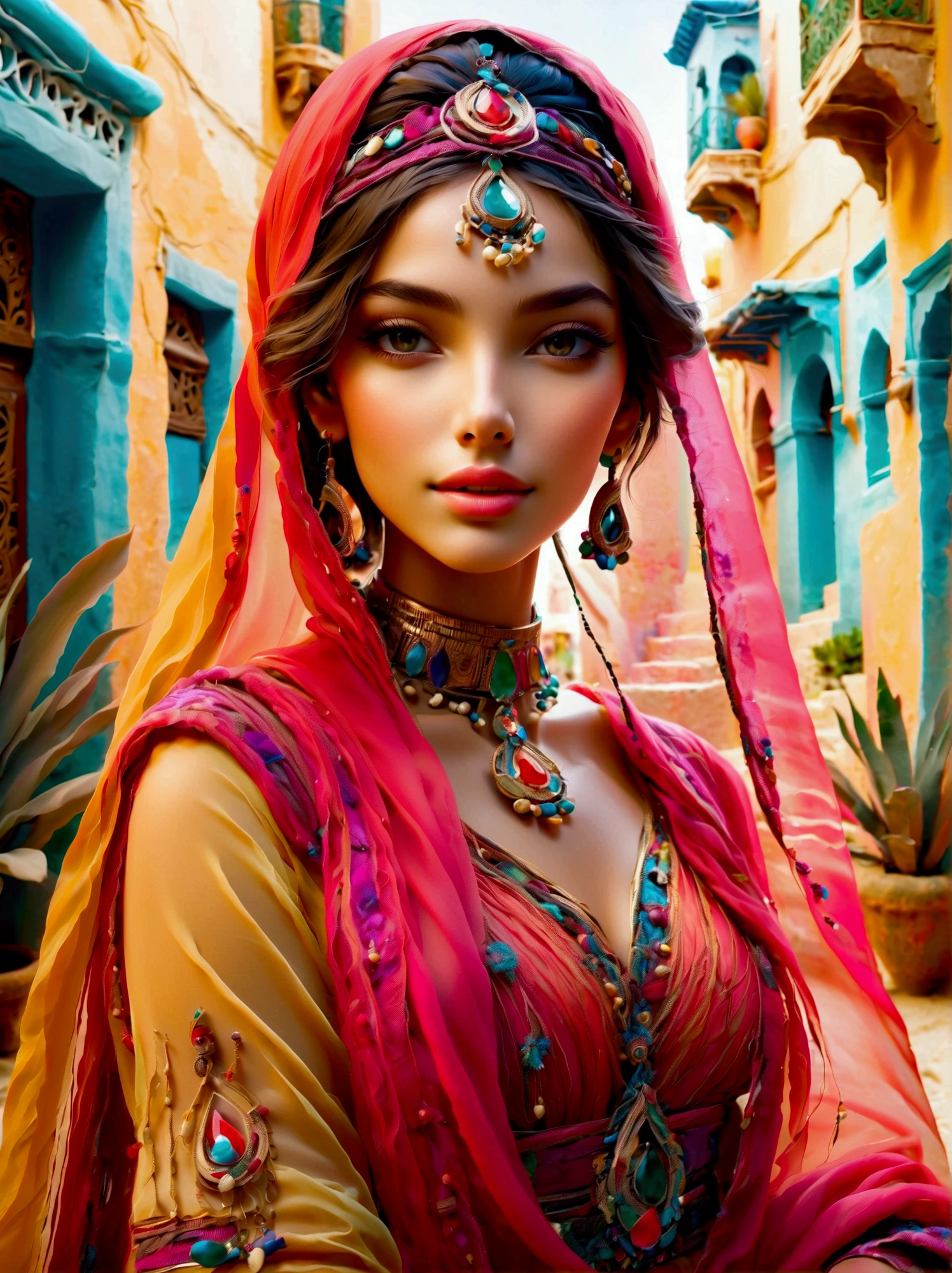 Desert Princess, dressed in vibrant traditional attire, steeped in an atmosphere brimming with magic and whimsy, similar to the setting of a classic animation movie poster. She poses eloquently within the enchanting casbah of Algiers, generally captured using a wide-angle lens, showcasing the grandeur of the location, exhibiting an effusive display of color and vibrancy. Special emphasis is placed on depicting the essence of North African culture and heritage, embodying the royal and feminine spirit that is innate within her