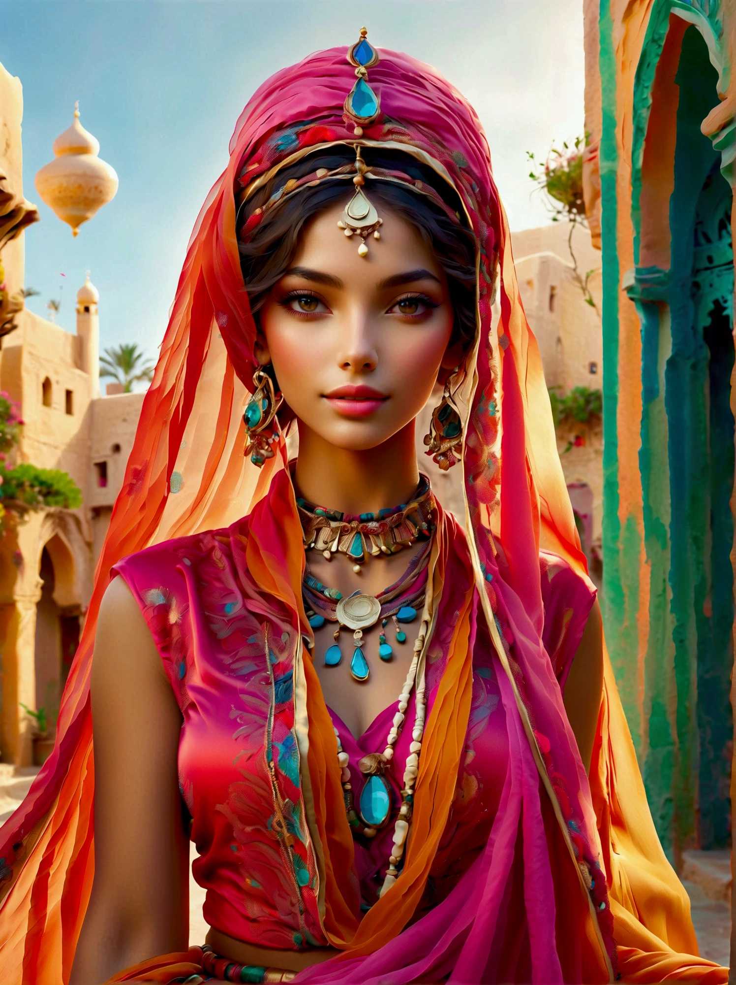 Desert Princess, dressed in vibrant traditional attire, steeped in an atmosphere brimming with magic and whimsy, similar to the setting of a classic animation movie poster. She poses eloquently within the enchanting casbah of Algiers, generally captured using a wide-angle lens, showcasing the grandeur of the location, exhibiting an effusive display of color and vibrancy. Special emphasis is placed on depicting the essence of North African culture and heritage, embodying the royal and feminine spirit that is innate within her