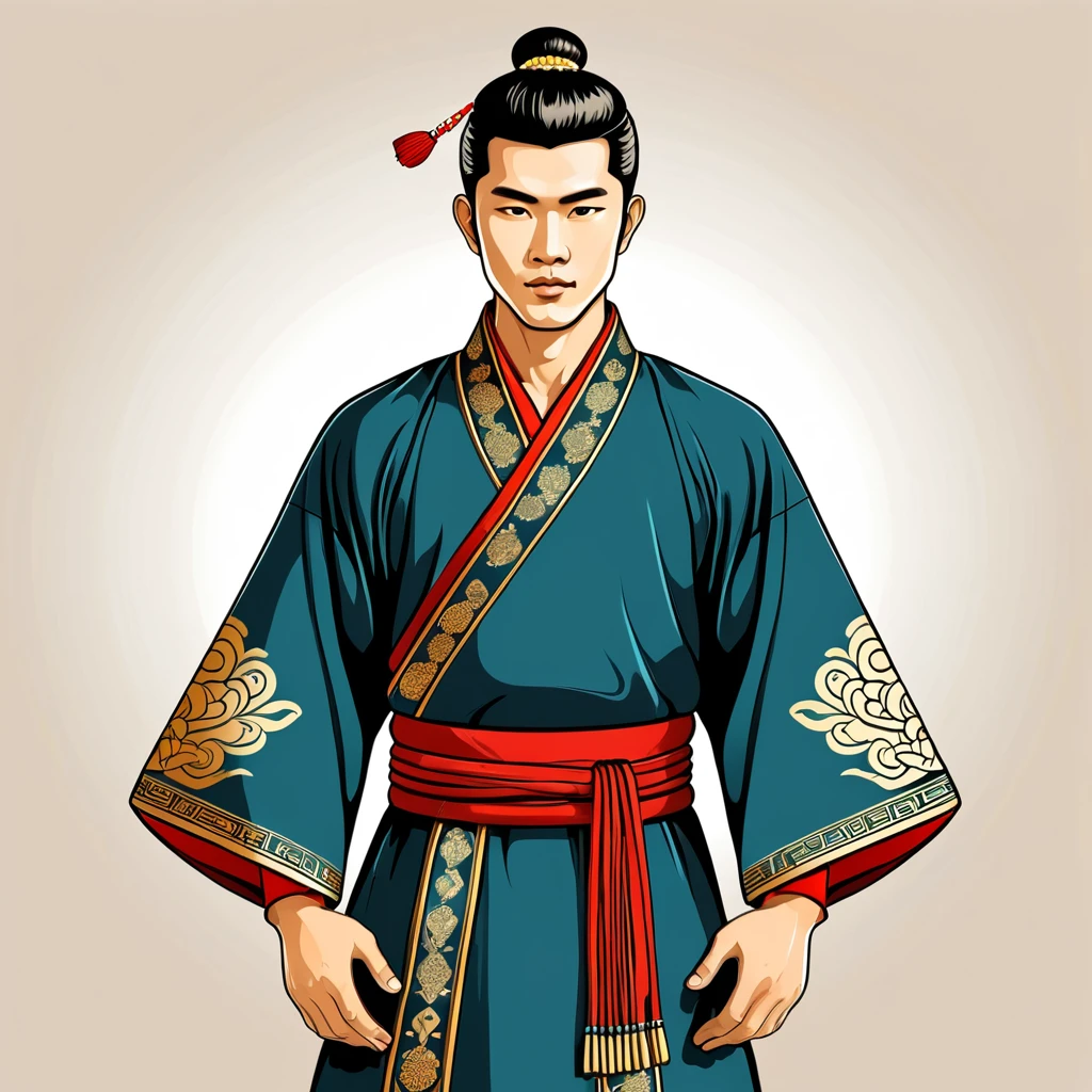 man in asian folk outfit, vector graphics, strong contours