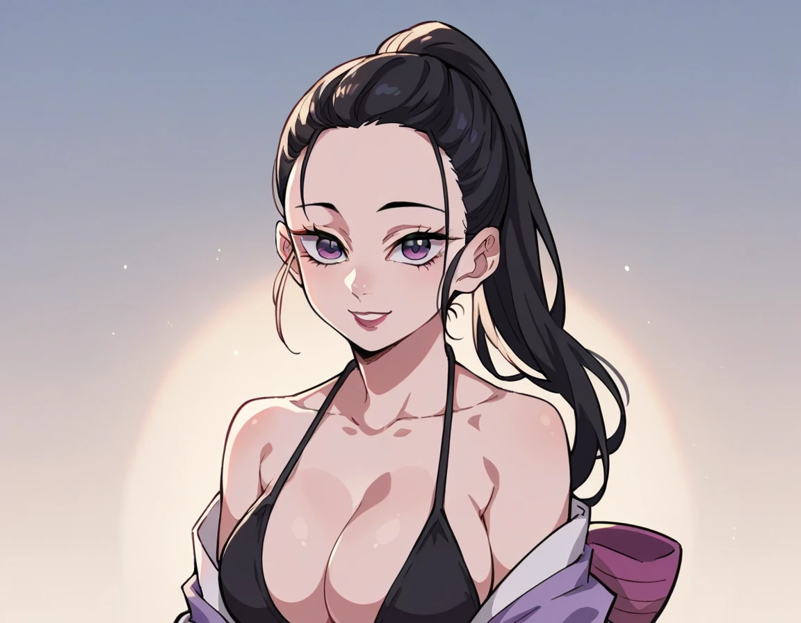 score_9, score_8_up, score_7_up, source_anime,
HinatsuruKNY, black hair, ponytail, purple eyes, sleveeless, bare shoulders, ((short kimono)), open forehead, lipstick, hair pulled back
(((bikini )), smile big breasts ,
solo, looking at viewer, cowboy shot, black bikini