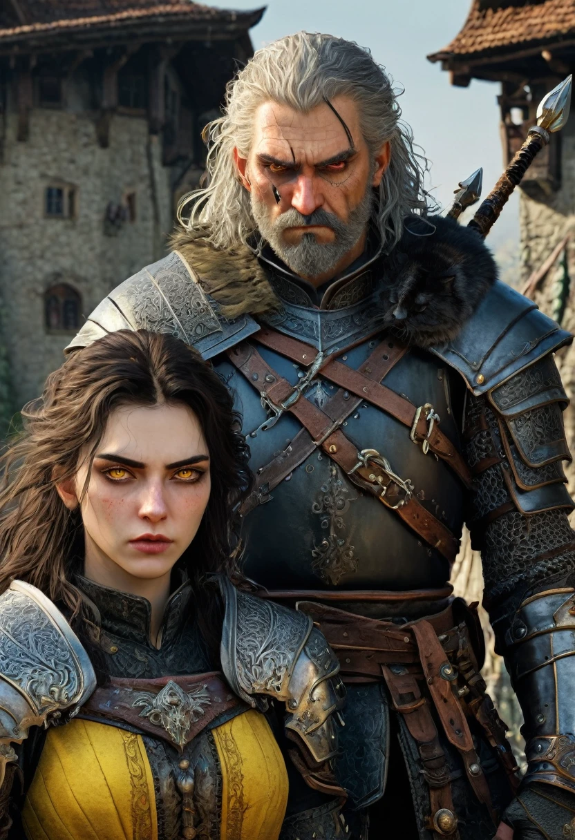 Image of a man and women who are witchers ,  man long hairs and beard, women with black hairs and pale skin  , cat eye on both man and women , yellow eyes, man with angry expression ,women with normal expression ,  man and women covered with armour , 2 swords on the back on man and women  , witcher medallian on the neck of man and women,man inside castle , mountain scenery , 