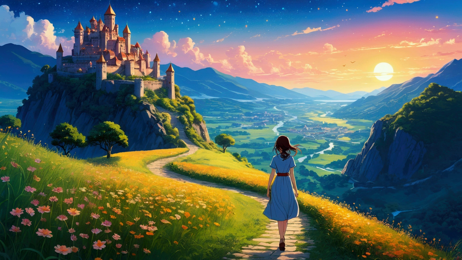 anime-style illustration, A serene landscape featuring a young woman is walking along a path The grassland, litle glowing flowers, fireflies, magical glow, overlooking mountainous valley and the great castle of the kingdom, stron clear blue sky, few stars. art style: highly saturated and vibrant color style, intense and rich colors vivid. rendered with strong exaggerated colors that enhance the natural beauty, The atmosphere is full of magical color films, High Detail, best quality, 4K.