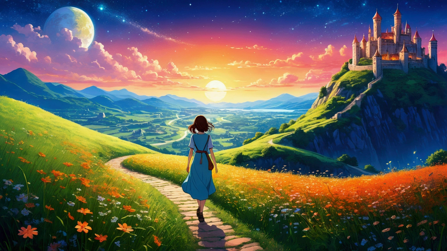 anime-style illustration, A serene landscape featuring a young woman is walking along a path The grassland, litle glowing flowers, fireflies, magical glow, overlooking mountainous valley and the great castle of the kingdom, stron clear blue sky, few stars. art style: highly saturated and vibrant color style, intense and rich colors vivid. rendered with strong exaggerated colors that enhance the natural beauty, The atmosphere is full of magical color films, High Detail, best quality, 4K.