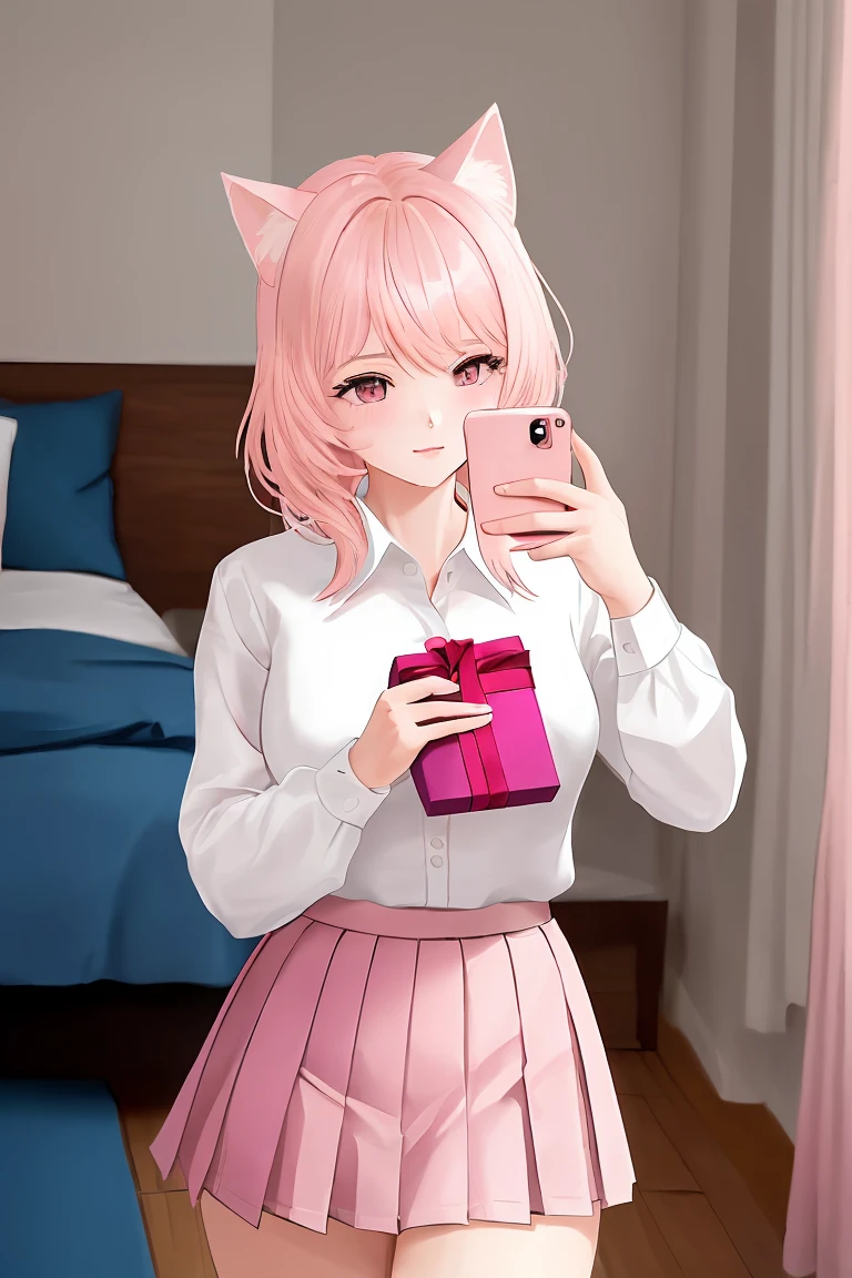 (score_9,score_8_up,score_7_up,score_6_up,score_5_up,score_4_up),masterpiece, top quality, best quality, official art, beautiful and aesthetic, animation, , 1girl with cat ear, perfect figure, pink hair, complicated details,, bedroom, sunny, receiving a gift, (white shirt:1.5, pink pleated skirt:1.5), blinking, looking at male, receiving a phone ,