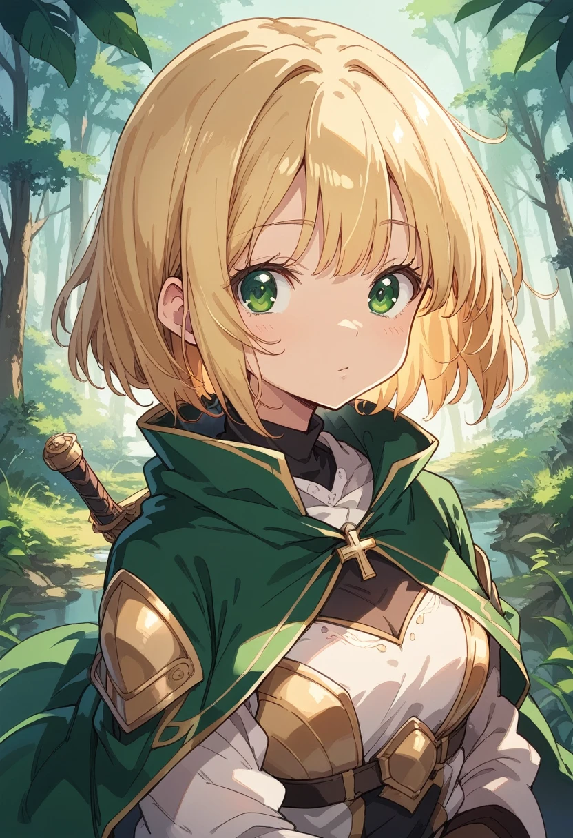 BREAK Perfect Anatomy、(High resolution:1.2)、Incredible illustrations、(Cute illustrations:1.2)、 （Beautiful background（deep in the forest)) 1 girl(Blonde hair, short bob cut, green eyes)

Large cloak, shoulder strap with cross, light armor, buster sword,