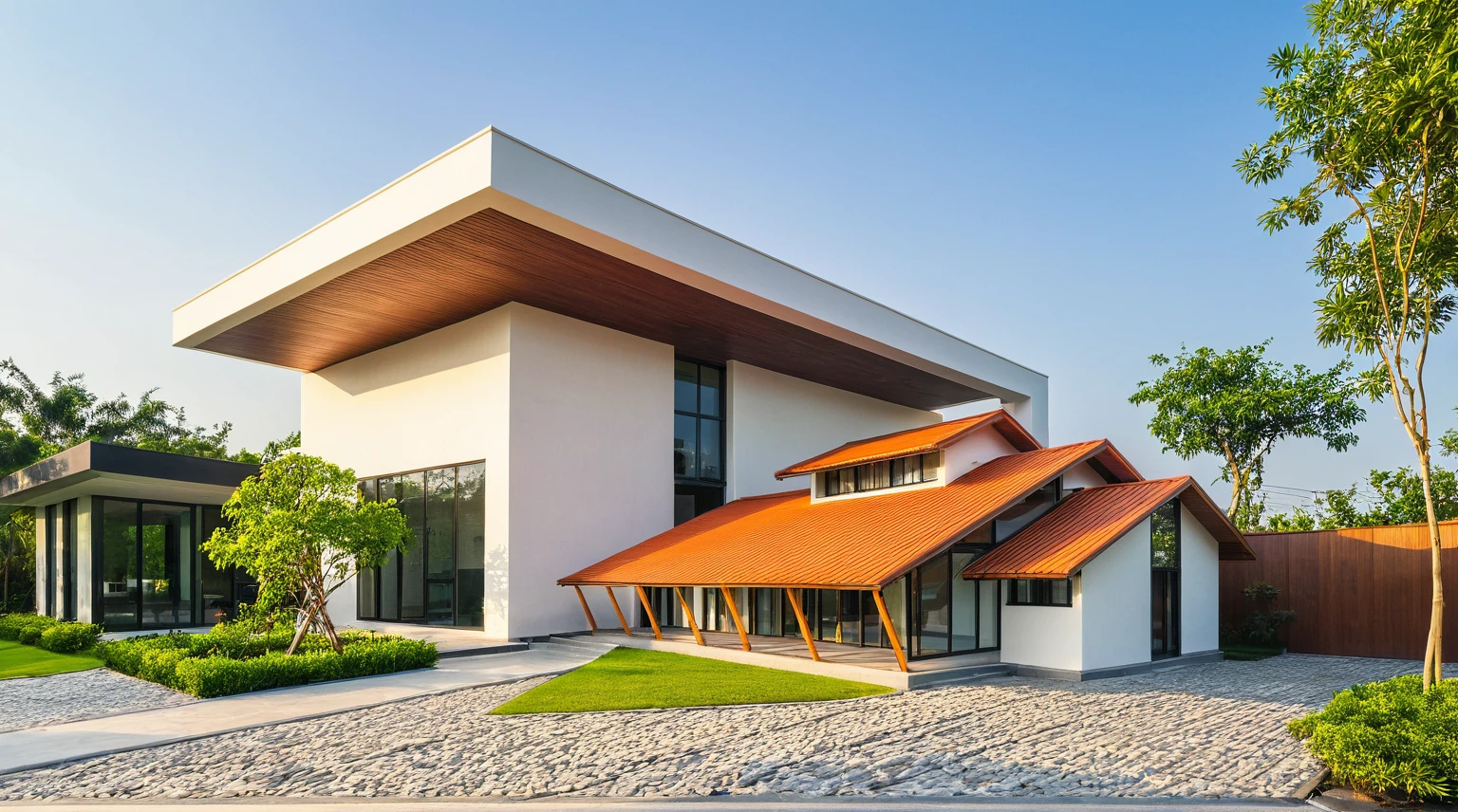 masterpiece, best quality, exterior design, single 1 storie modern house on the Vietnam village, flower garden, modern dark tiled granite and white walls facade, wooden ceiling, large glass, minimalist modern style, green shrubs and tropical tree background, natural light, clear sky morning background, large door and windows,