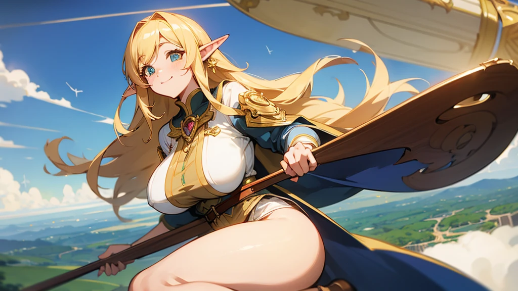 Thick thighs,Anime Style,A detailed background with many people,Magical World,Human Airship,Smiling bard beautiful elf girl,Overreaching,Large Breasts