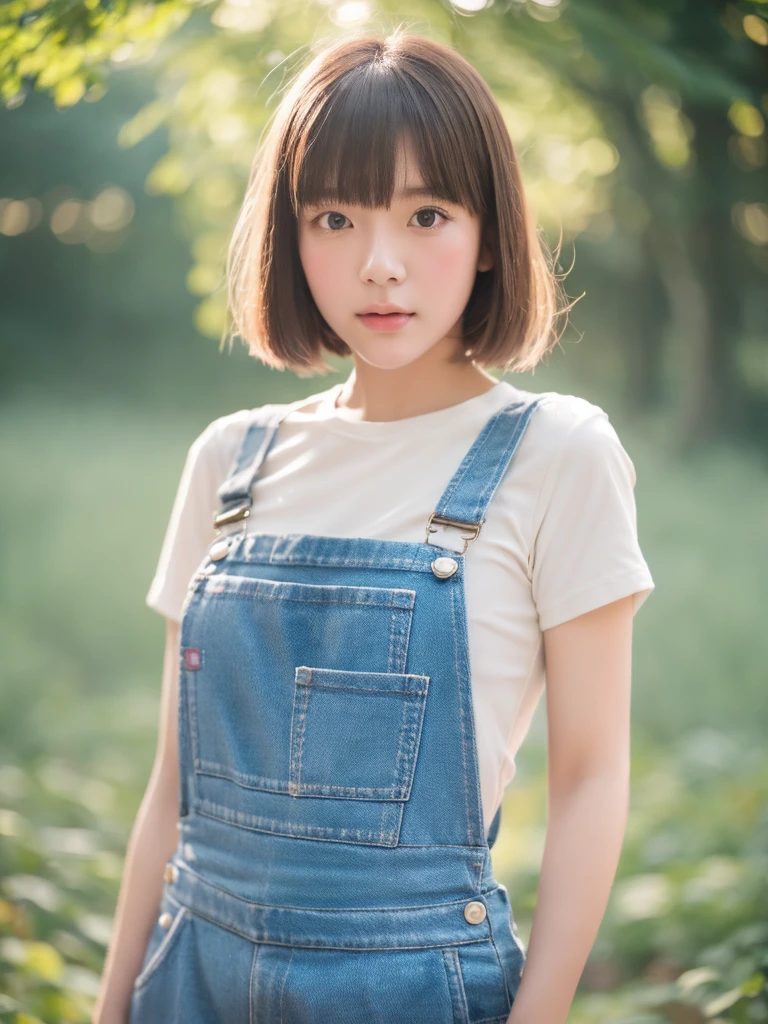 Portrait MagMix Girl look at camera, bob cut, short hair, Overalls, alice in the wonderland, fantasy, analog film photo, soft and dreamy lighting, pastel color palette, shallow depth of field, highly detailed, hyper-realistic, medium-format film camera,