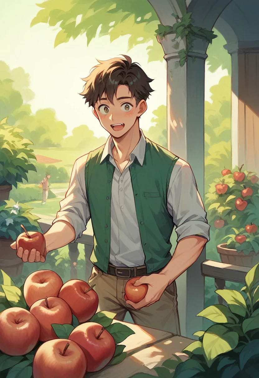 Create a boy who is excited to eat apple in a garden