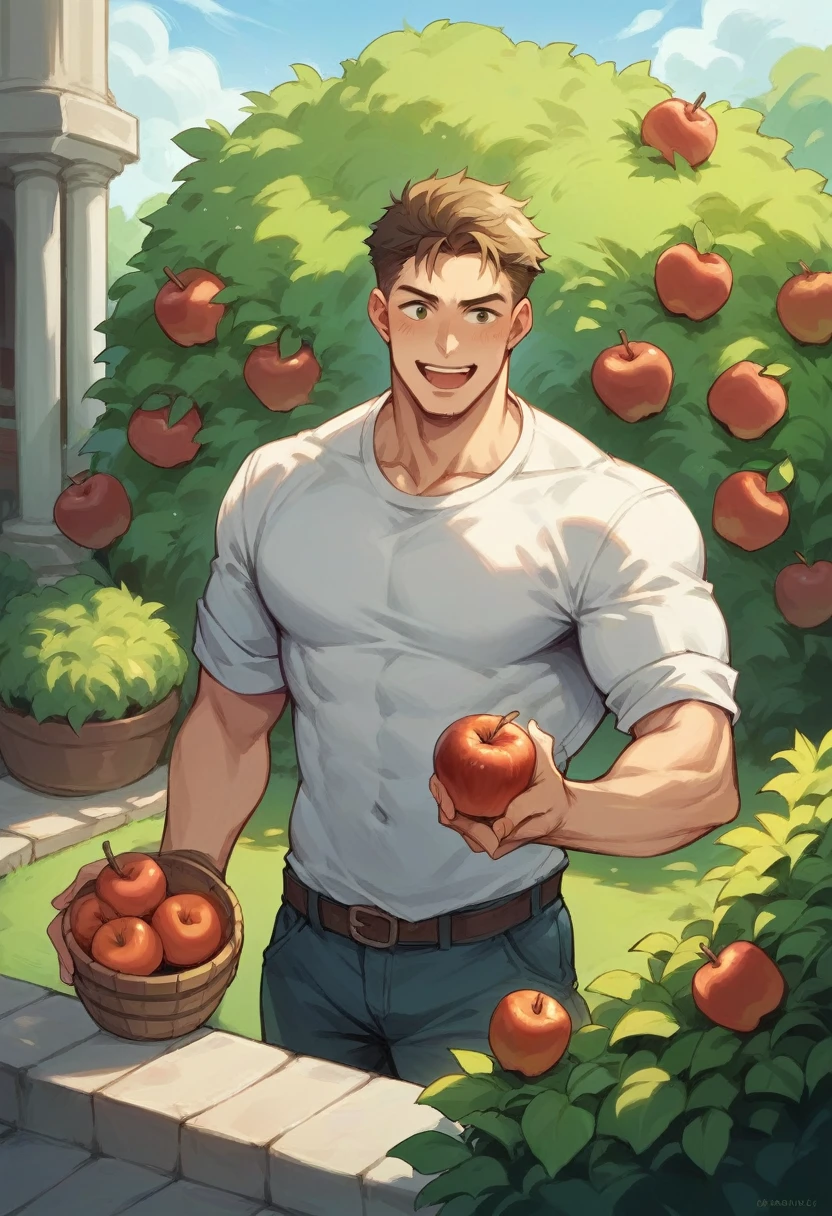 Create a boy who is excited to eat apple in a garden 