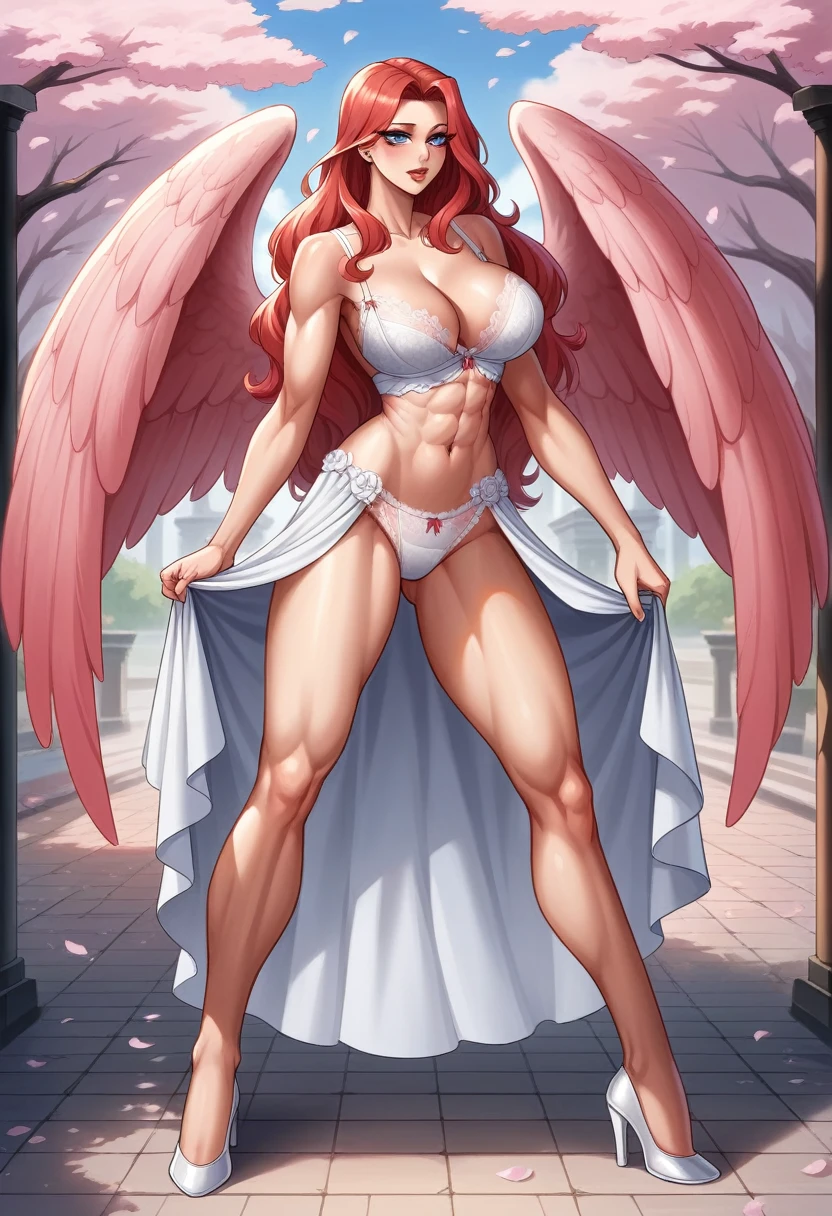 Exaggerated image, beautiful girl, beautiful breasts, beautiful figure, beautiful skin, beautiful eyes, blue eyes, double eyelids, skin details. Showing the separation of the body Strong abs Best quality muscle, masterpiece, ultra high resolution. (Actually usable: 1.4) Original photo Ultra high resolution 8k There is a woman, white skin (large breasts), beautiful makeup, red wavy lips. Underwear poses for photos Wear sexy, light underwear. See the body, underwear, thin fiber lace panties, beautiful underwear, wavy underwear. White panties and bra Light underwear Pink body, lingerie, exquisite lace dress, lingerie!! Graduation dress, winged lace dress, sexy girl, charming bra, high heels, long legs, bright and beautiful, cherry blossoms in front, walk into a street lined with trees, express your emotions and want to have sex. Masturbate to have beautiful fingers and a perfect figure ((anatomically correct)). Award-winning masterpiece, precise, superb details. best quality 8K Ultra High Resolution Realistic Image Resolution:1.4,UHD