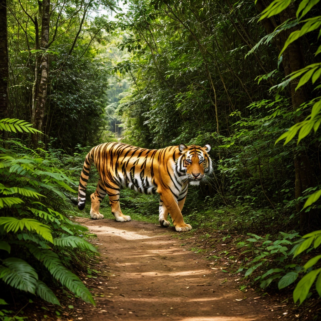there is a tiger walking through the jungle with trees in the background, prowling through the forest, looking majestic in forest, tiger, a tiger, portrait of forest gog, the tiger is smiling, portrait of wild, ((tiger)), aggressive look, tiger face, looking straight to the camera, looking straight to camera, ferocious appearance, amongst foliage, shutterstock